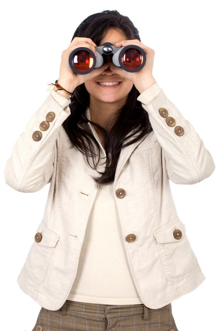 casual girl using binoculars to search - isolated over a white background