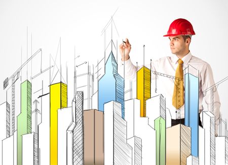 A young construction site worker in a red safety helmet happily sketching a colorful city sight, drawing lines, arrows, angles, cranes buildings with a pen in his hand