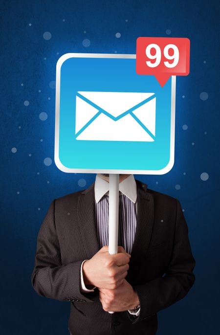 Smart businessman holding square sign with mail icon