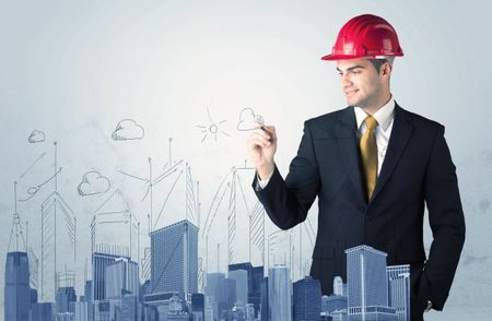 A young architect planning and drawing a happy city sight with blue skyscrapers, sun, clouds