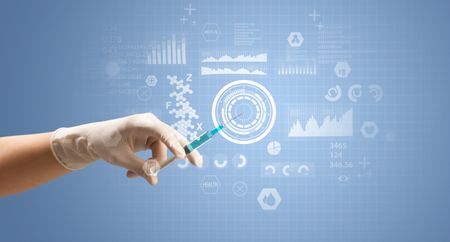 Female doctor hand holding syringe with research data graphic