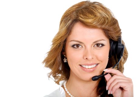customer service girl smiling - isolated over a white background