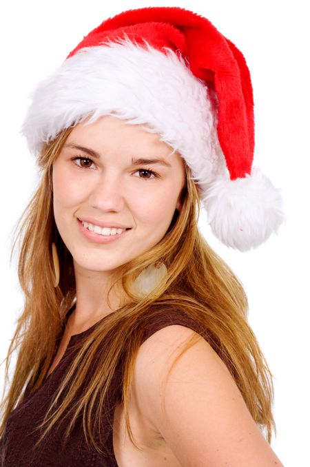 blond female santa portrait smiling - isolated over a white background