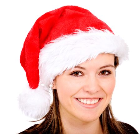 female santa portrait smiling isolated over a white background