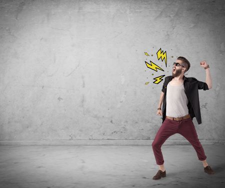 An angry hipster guy in casual clothes shouting heavily with drawn thunder sign illustration concept