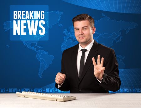 Television presenter in front telling breaking news with blue modern background concept