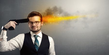 Man shoots his head with gun and lights are coming out from his head