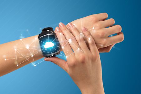 Naked female hand with smartwatch and with cloud technology and connection  symbol