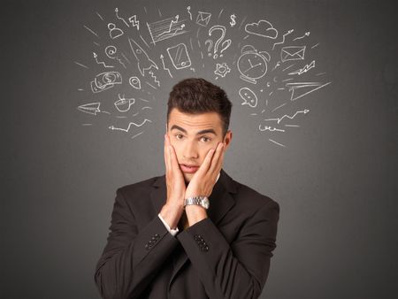 Young businessman with white social icons around his head