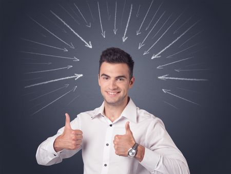 Young casual businessman with arrows pointing to his head