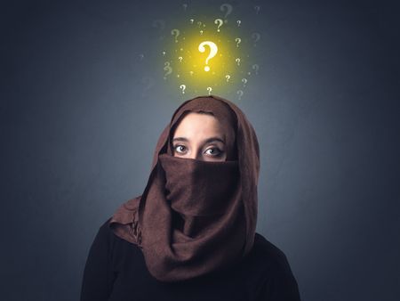 Young muslim woman wearing niqab with yellow question marks above her head
