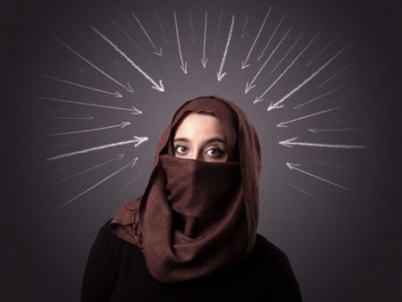 Young muslim woman wearing niqab with white arrows pointing to her head 