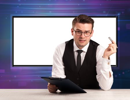 Television program host with big copy screen in his back concept