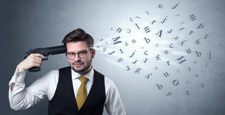 Man shoots his head with gun and letters are coming out from his head