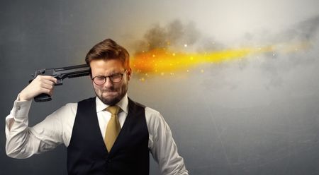 Man shoots his head with gun and lights are coming out from his head