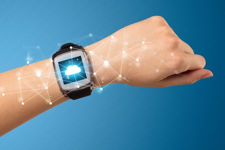 Naked female hand with smartwatch and with cloud technology and connection  symbol