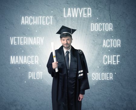 Graduete person looking for professions written above his head