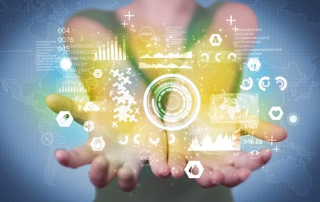 A business analytics person analyzing the health status of the world from its hands with illustrated pie charts and graphs concept