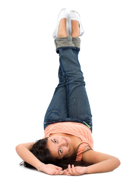 female portrait on the floor isolated over a white background