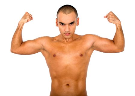 strong guy showing muscles isolated over white