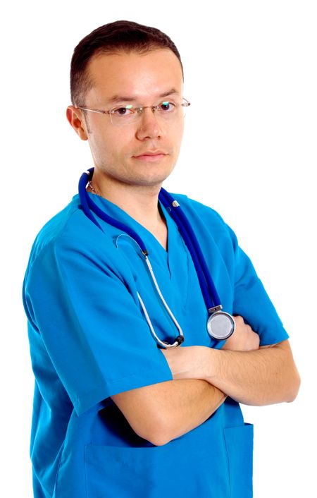 male nurse portrait over a white background