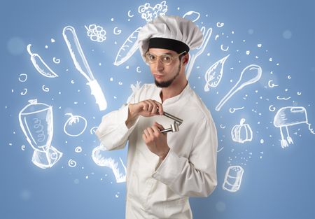 Young cook with kitchen instruments and drawn recipe concept on wallpaper