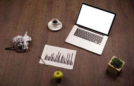 business-wooden-desk-office-supplies-modern-682511368 Business wooden desk with office supplies and modern laptop white background