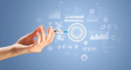 Female doctor hand holding syringe with research data graphic