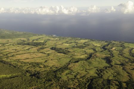 Aerial view of eastern coast near Hilo on Big Island of Hawaii after sunrise
