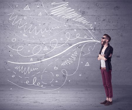 mad-hipster-guy-beard-shouting-drawn-684131788 A mad hipster guy with beard shouting drawn white lines, curves on concrete urban wall illustration background concept