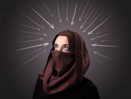 Young muslim woman wearing niqab with white arrows pointing to her head