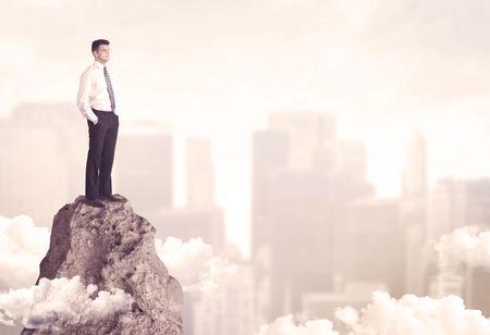 A professional winner business person standing on a dangerous mountain top above the city scape with clouds concept