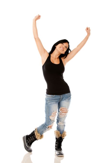 Happy grunge woman with arms up - isolated over white