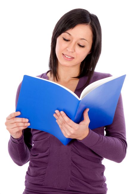 Female student holding a notebook - isolated over white