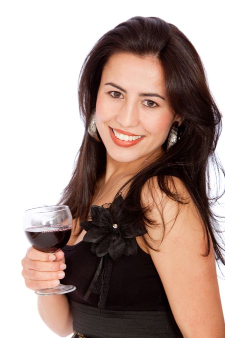 Woman drinking a glass of wine - isolated over white