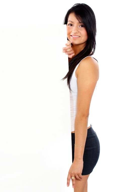girl holding a banner add isolated over a white background
