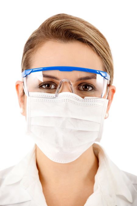Female chemist using glasses and face mask - isolated over a white background