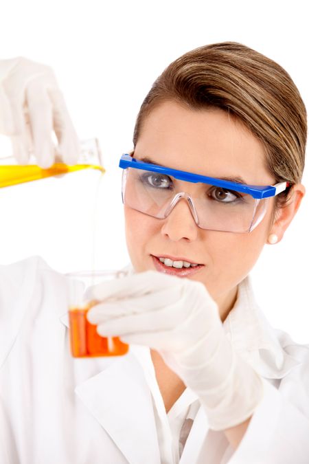 Female chemist using test tubes - isolated over a white background