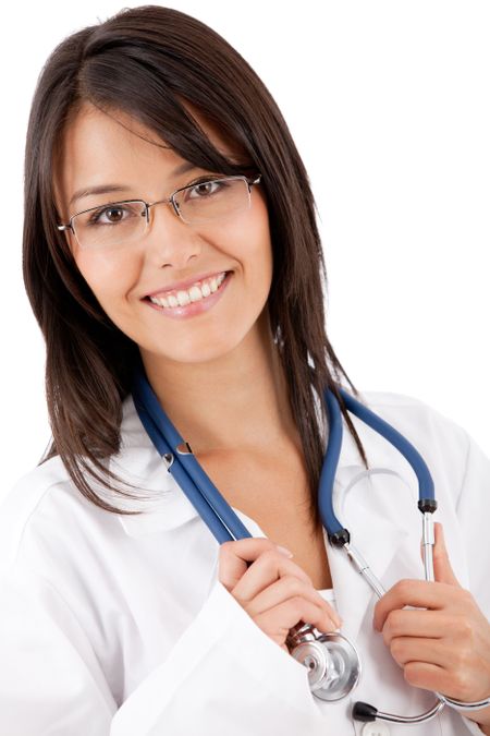 Friendly female doctor smiling - isolated over wite