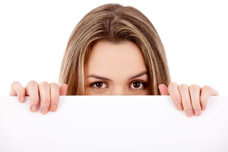 Woman holding a banner ad - isolated over a white background
