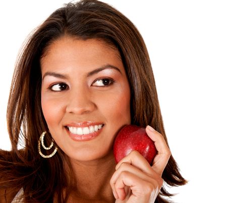 Healthy eating woman holding an apple - isolated