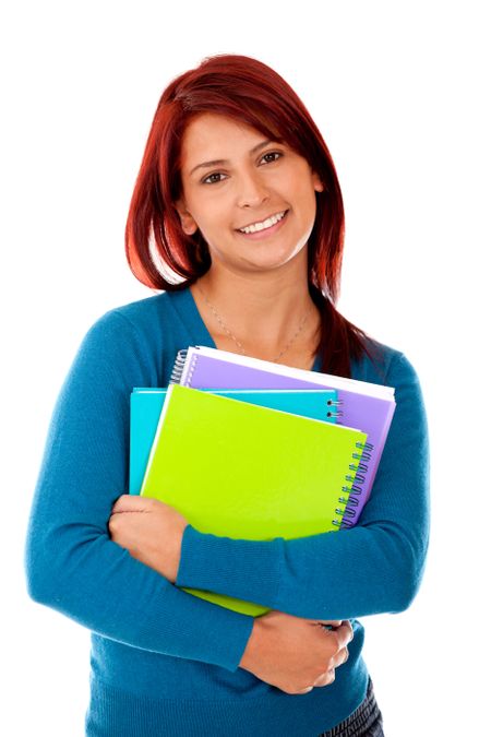 Female student holding a notebook - isolated over white