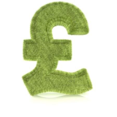 3D British pound symbol in grass texture ? isolated over a white background