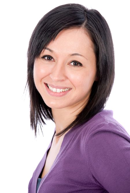 Happy woman portrait smiling - isolated over a white background