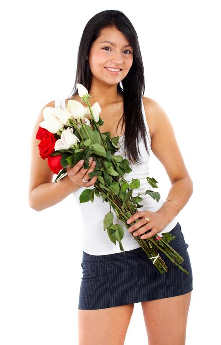 beautiful girl holding flowers isolated over a white background
