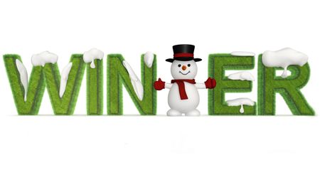 3D Winter written in grass texture with a snowman - isolated