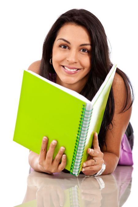 Female student with a notebook - isolated over white
