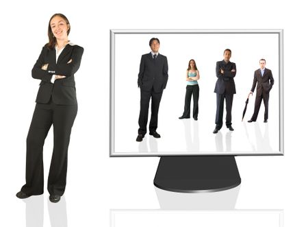 Business woman and her team on a computer monitor