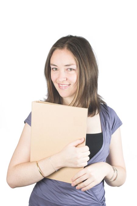 Beautiful business woman with a folder over a white background