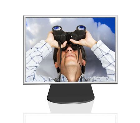 Man with binoculars on a computer screen